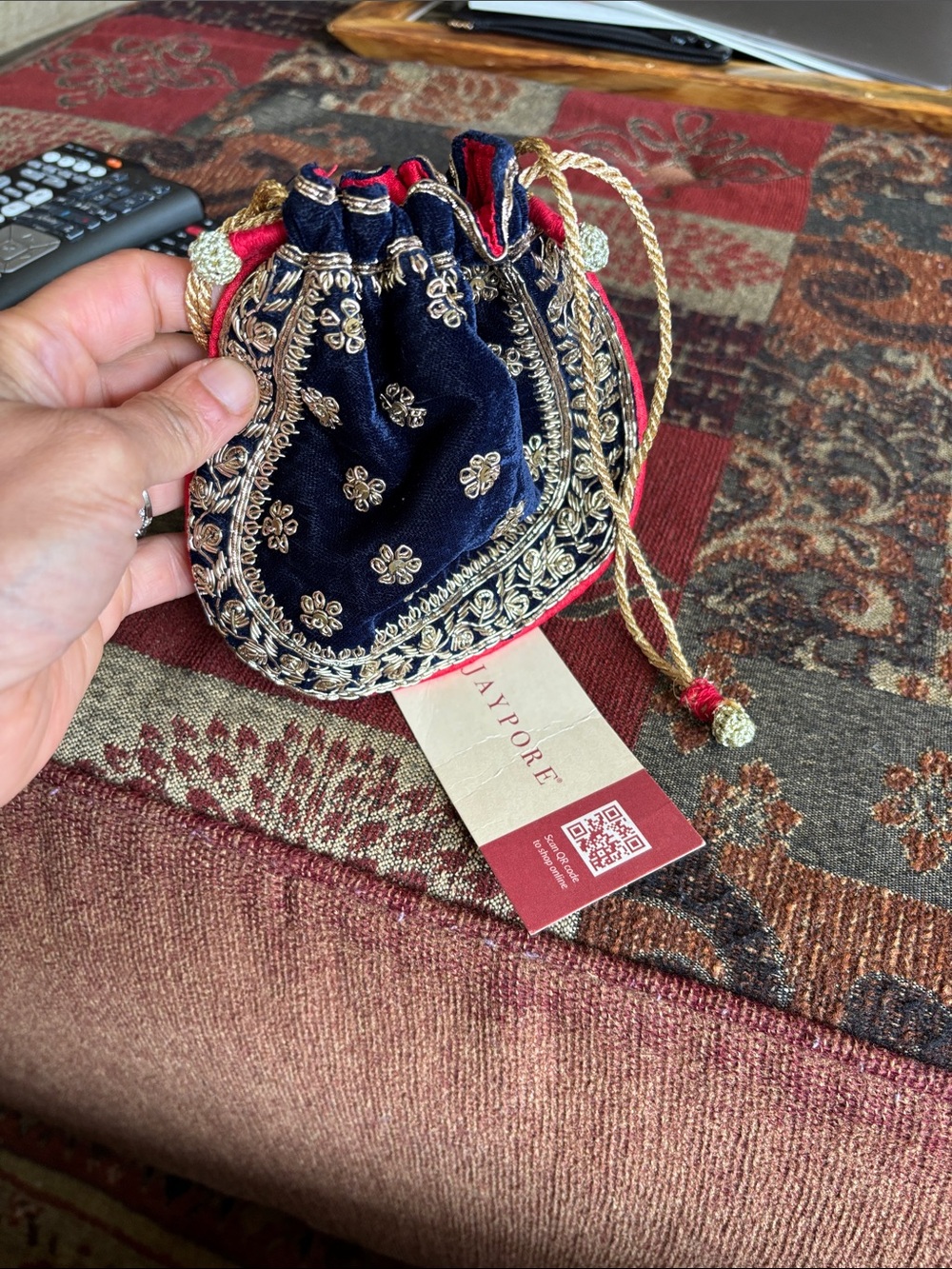 Embroidered Navy Velvet Drawstring Pouch with Gold Detail
